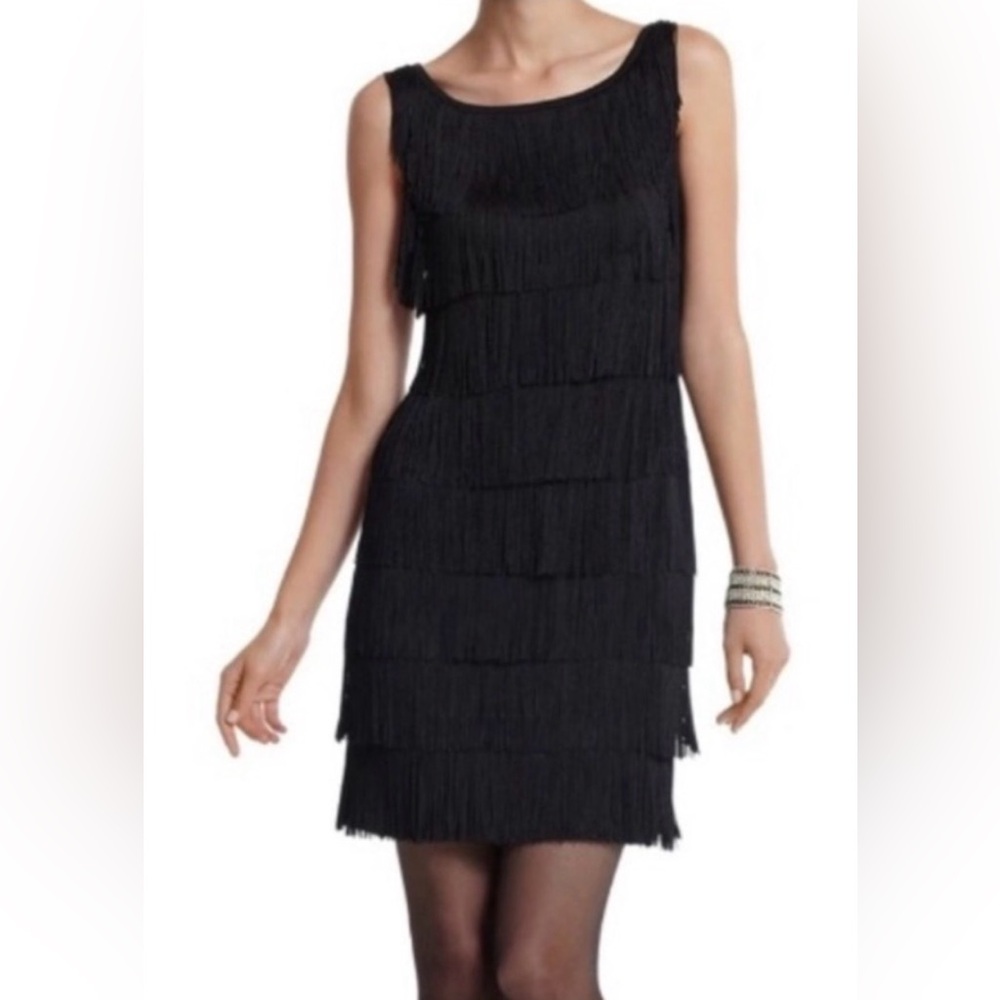White House Black Market Elegant Black Fringe Dress Sz L